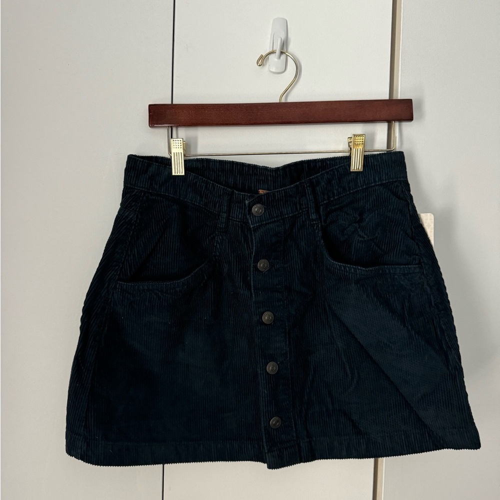 Navy Corduroy Button-Front Skirt
